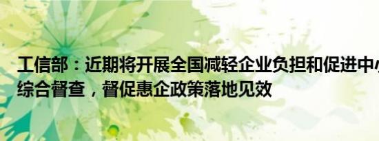 工信部：近期将开展全国减轻企业负担和促进中小企业发展综合督查，督促惠企政策落地见效