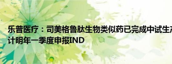 乐普医疗：司美格鲁肽生物类似药已完成中试生产验证，预计明年一季度申报IND