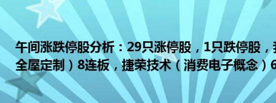 午间涨跌停股分析：29只涨停股，1只跌停股，我乐家居（全屋定制）8连板，捷荣技术（消费电子概念）6连板