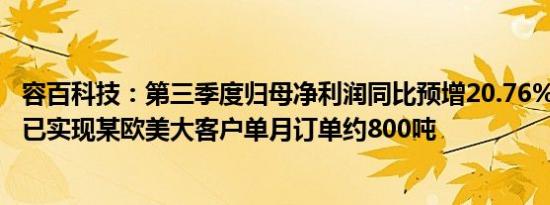 容百科技：第三季度归母净利润同比预增20.76%到53.7%，已实现某欧美大客户单月订单约800吨