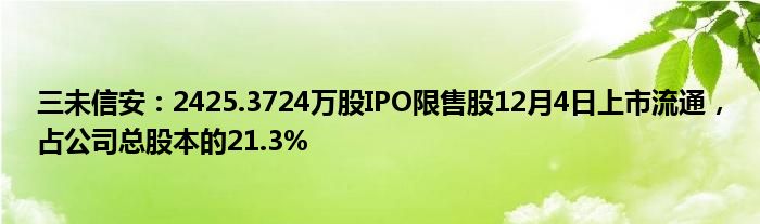 三未信安：2425.3724万股IPO限售股12月4日上市流通，占公司总股本的21.3%