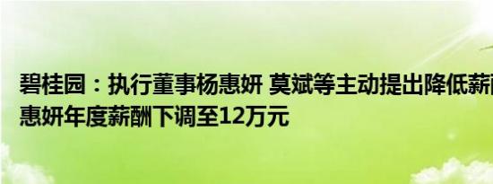 碧桂园：执行董事杨惠妍 莫斌等主动提出降低薪酬请求，杨惠妍年度薪酬下调至12万元