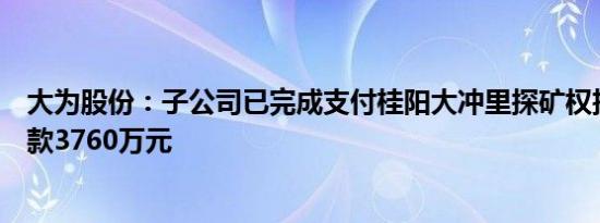 大为股份：子公司已完成支付桂阳大冲里探矿权挂牌成交价款3760万元