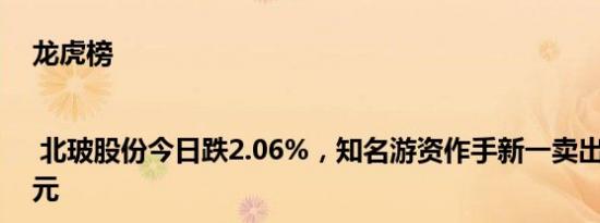 龙虎榜 | 北玻股份今日跌2.06%，知名游资作手新一卖出2254.6万元