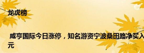 龙虎榜 | 咸亨国际今日涨停，知名游资宁波桑田路净买入592.93万元