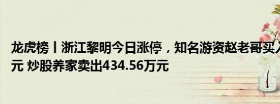 龙虎榜丨浙江黎明今日涨停，知名游资赵老哥买入901.36万元 炒股养家卖出434.56万元