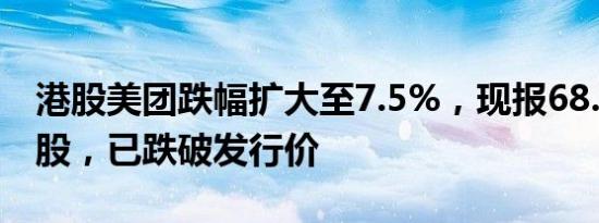 港股美团跌幅扩大至7.5%，现报68.35港元/股，已跌破发行价