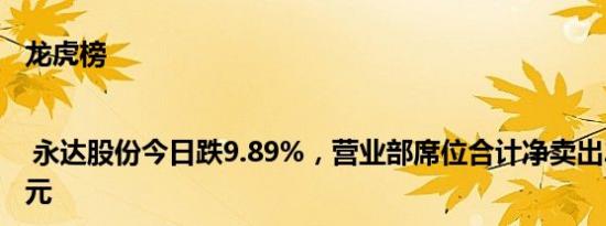 龙虎榜 | 永达股份今日跌9.89%，营业部席位合计净卖出2250.82万元