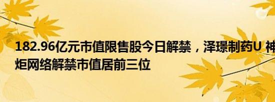 182.96亿元市值限售股今日解禁，泽璟制药U 神通科技 新炬网络解禁市值居前三位