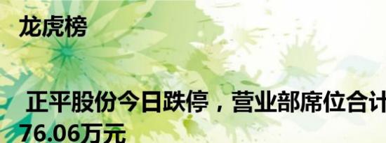 龙虎榜 | 正平股份今日跌停，营业部席位合计净卖出476.06万元