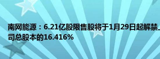 南网能源：6.21亿股限售股将于1月29日起解禁上市，占公司总股本的16.416%