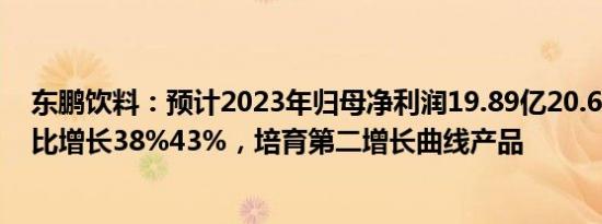 东鹏饮料：预计2023年归母净利润19.89亿20.61亿元，同比增长38%43%，培育第二增长曲线产品