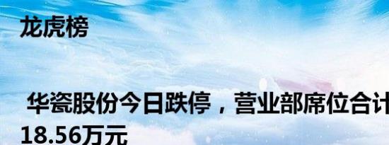 龙虎榜 | 华瓷股份今日跌停，营业部席位合计净买入118.56万元