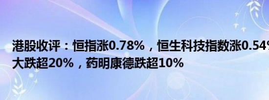 港股收评：恒指涨0.78%，恒生科技指数涨0.54%，中国恒大跌超20%，药明康德跌超10%