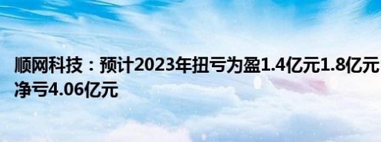 顺网科技：预计2023年扭亏为盈1.4亿元1.8亿元，上年同期净亏4.06亿元