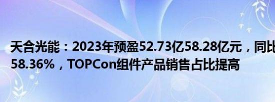 天合光能：2023年预盈52.73亿58.28亿元，同比增43.27%58.36%，TOPCon组件产品销售占比提高