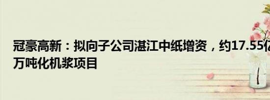 冠豪高新：拟向子公司湛江中纸增资，约17.55亿元投建40万吨化机浆项目