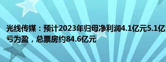 光线传媒：预计2023年归母净利润4.1亿元5.1亿元，同比扭亏为盈，总票房约84.6亿元