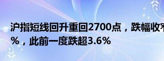 沪指短线回升重回2700点，跌幅收窄至2.33%，此前一度跌超3.6%