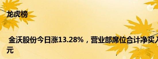 龙虎榜 | 金沃股份今日涨13.28%，营业部席位合计净买入270.11万元