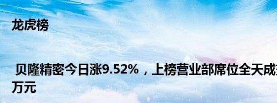 龙虎榜 | 贝隆精密今日涨9.52%，上榜营业部席位全天成交4167.47万元