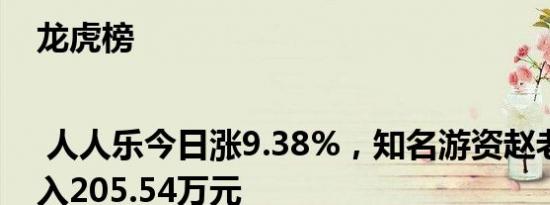 龙虎榜 | 人人乐今日涨9.38%，知名游资赵老哥净买入205.54万元