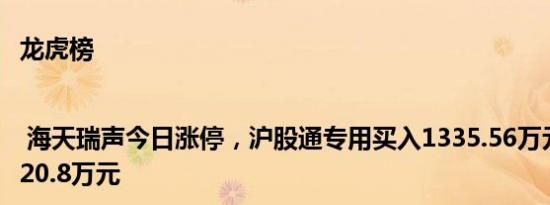 龙虎榜 | 海天瑞声今日涨停，沪股通专用买入1335.56万元并卖出1820.8万元