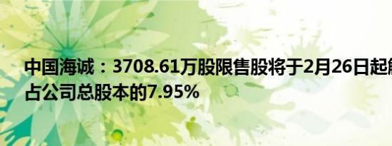 中国海诚：3708.61万股限售股将于2月26日起解禁上市，占公司总股本的7.95%