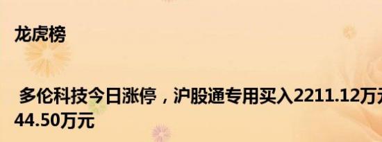 龙虎榜 | 多伦科技今日涨停，沪股通专用买入2211.12万元并卖出4044.50万元