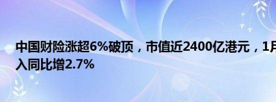 中国财险涨超6%破顶，市值近2400亿港元，1月原保费收入同比增2.7%