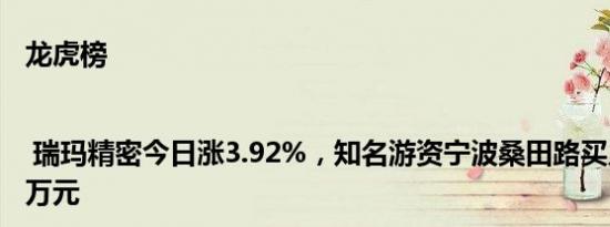 龙虎榜 | 瑞玛精密今日涨3.92%，知名游资宁波桑田路买入1040.04万元