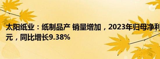 太阳纸业：纸制品产 销量增加，2023年归母净利润30.72亿元，同比增长9.38%