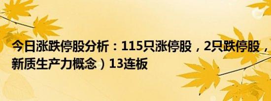 今日涨跌停股分析：115只涨停股，2只跌停股，克来机电（新质生产力概念）13连板