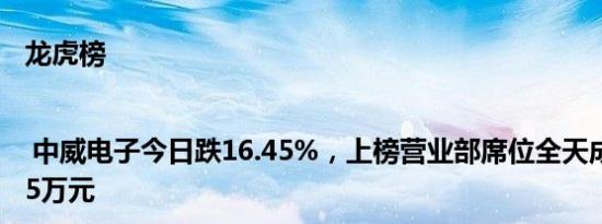 龙虎榜 | 中威电子今日跌16.45%，上榜营业部席位全天成交3591.85万元