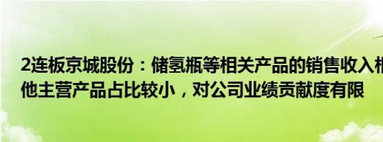 2连板京城股份：储氢瓶等相关产品的销售收入相比公司其他主营产品占比较小，对公司业绩贡献度有限