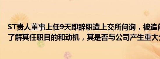 ST贵人董事上任9天即辞职遭上交所问询，被追问是否充分了解其任职目的和动机，其是否与公司产生重大分歧