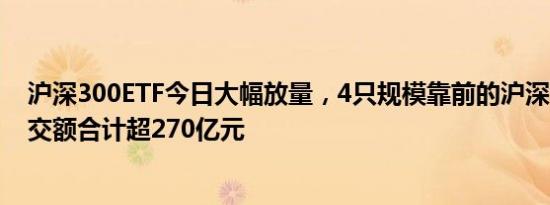 沪深300ETF今日大幅放量，4只规模靠前的沪深300ETF成交额合计超270亿元