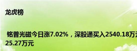 龙虎榜 | 铭普光磁今日涨7.02%，深股通买入2540.18万元并卖出2025.27万元