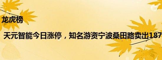 龙虎榜 | 天元智能今日涨停，知名游资宁波桑田路卖出1871.32万元