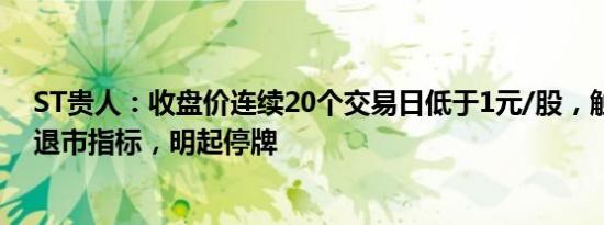 ST贵人：收盘价连续20个交易日低于1元/股，触及交易类退市指标，明起停牌