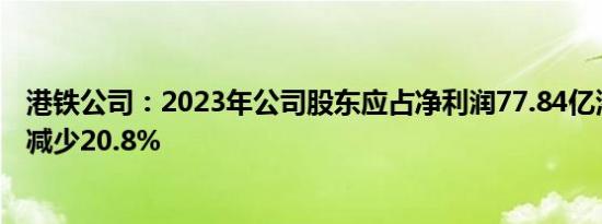 港铁公司：2023年公司股东应占净利润77.84亿港元，同比减少20.8%