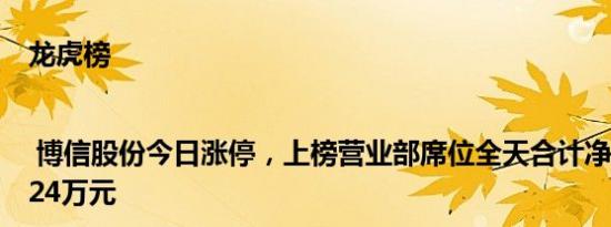 龙虎榜 | 博信股份今日涨停，上榜营业部席位全天合计净买入2208.24万元