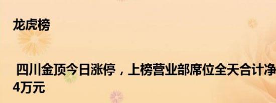 龙虎榜 | 四川金顶今日涨停，上榜营业部席位全天合计净买入924.24万元