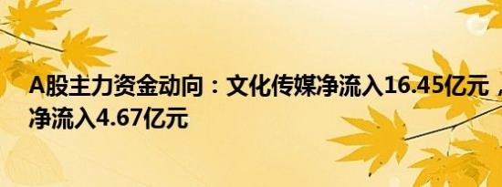 A股主力资金动向：文化传媒净流入16.45亿元，长安汽车净流入4.67亿元