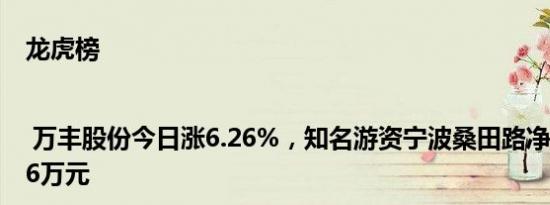 龙虎榜 | 万丰股份今日涨6.26%，知名游资宁波桑田路净买入310.66万元