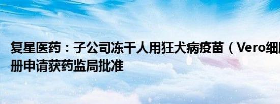 复星医药：子公司冻干人用狂犬病疫苗（Vero细胞）上市注册申请获药监局批准