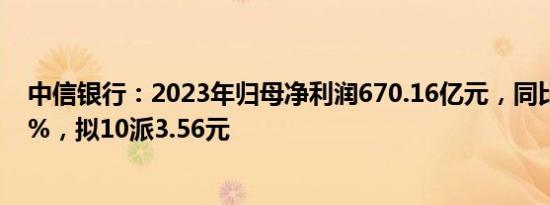 中信银行：2023年归母净利润670.16亿元，同比增长7.91%，拟10派3.56元