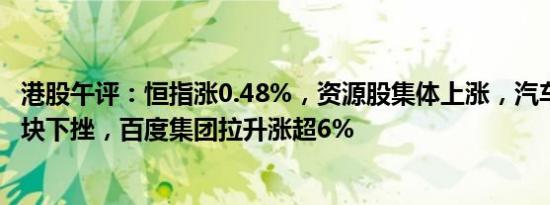 港股午评：恒指涨0.48%，资源股集体上涨，汽车 半导体板块下挫，百度集团拉升涨超6%