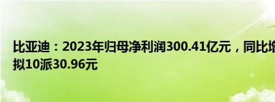 比亚迪：2023年归母净利润300.41亿元，同比增80.72%，拟10派30.96元