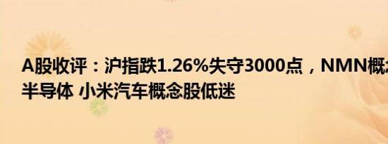 A股收评：沪指跌1.26%失守3000点，NMN概念股上涨，半导体 小米汽车概念股低迷